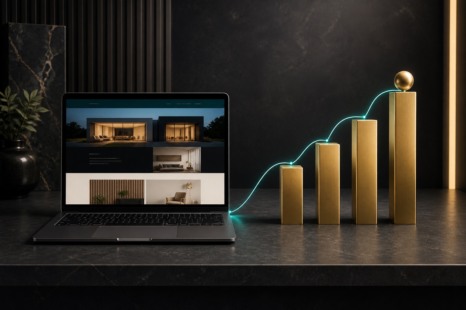 A business website beside ascending gold columns representing profit growth