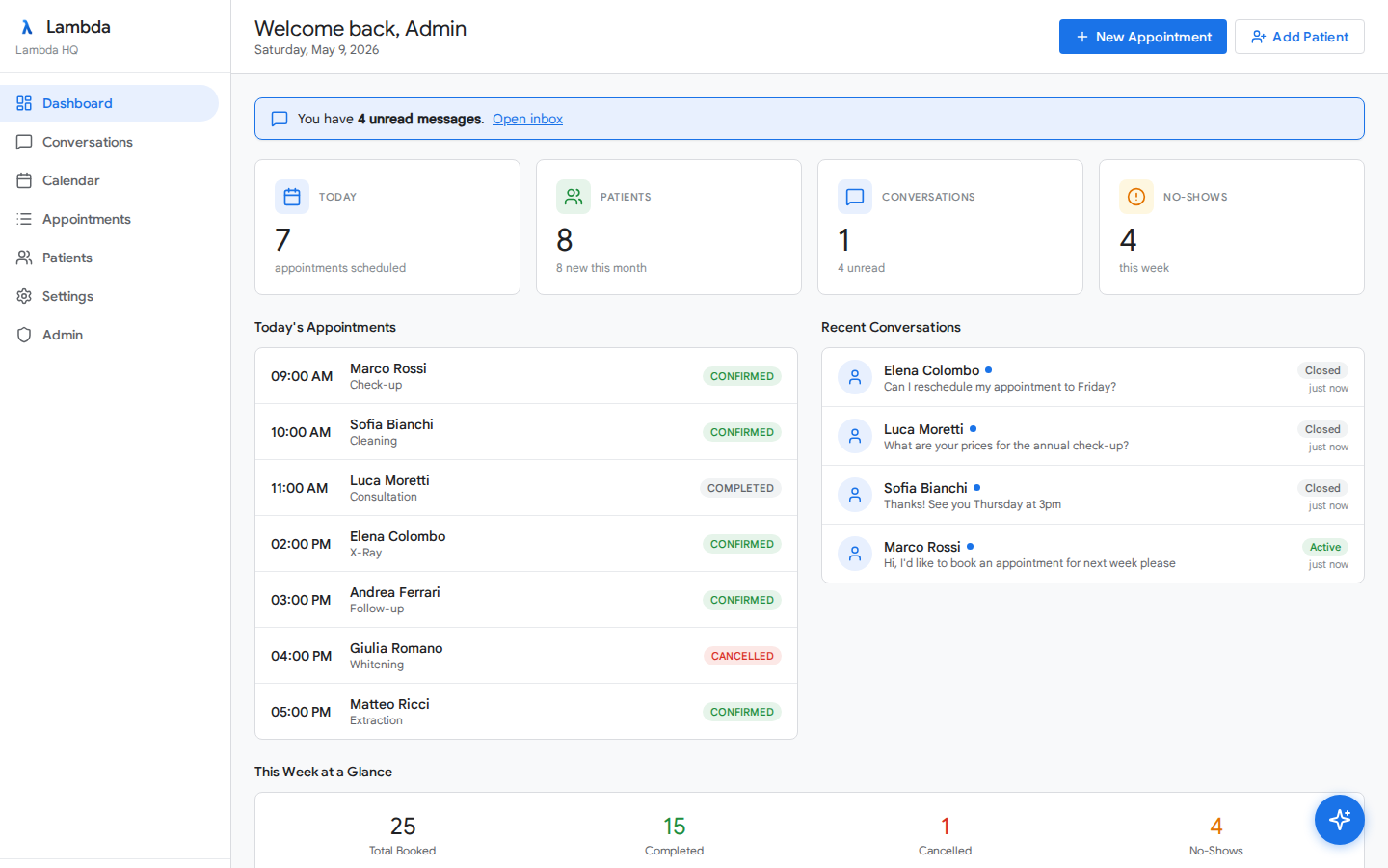 Lambda AI receptionist dashboard showing appointments, conversations, and analytics